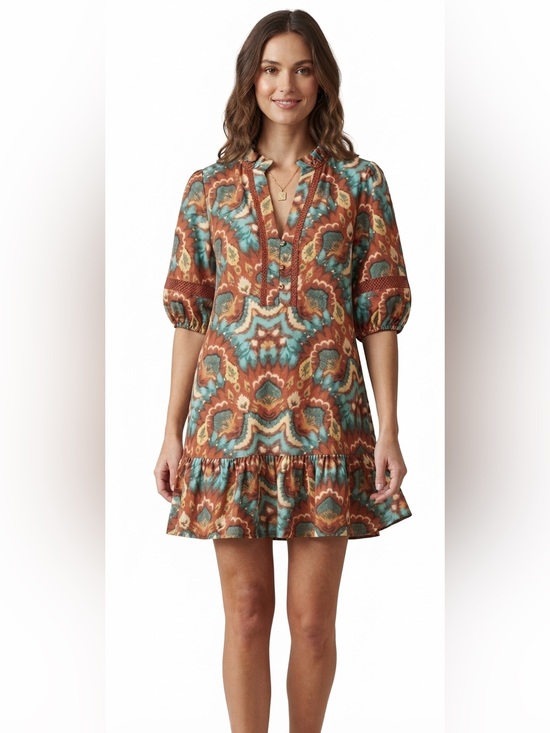 Joy Joy Dresses & Skirts - Joy Joy Rust, Teal & Gold Boho Print Mini Dress with Ruffle Hem and Lace Trim